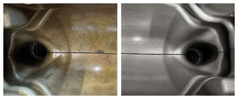 Stampo a specchio in alluminio anodizzato prima e dopo la pulizia a ultrasuoni SCT, con superficie integra e priva di contaminanti