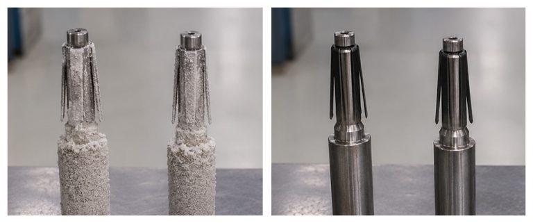 Supporti per la metallizzazione di tappi cosmetici prima e dopo sverniciatura chimica selettiva. Il trattamento rimuove completamente i residui di alluminante e resina preservando funzionalità e caratteristiche dimensionali dell'attrezzatura